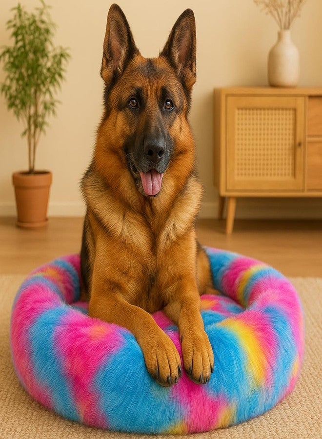 RoverPets Calming Dog & Cat Bed |Medium Bed| Length 26 Inches, Width 26 Inches, Height 6 Inches | Soft Fluffy Donut Cuddler | Cozy Plush Anti-Anxiety Cushion for Comfortable Sleep,Multi Color - Image 1